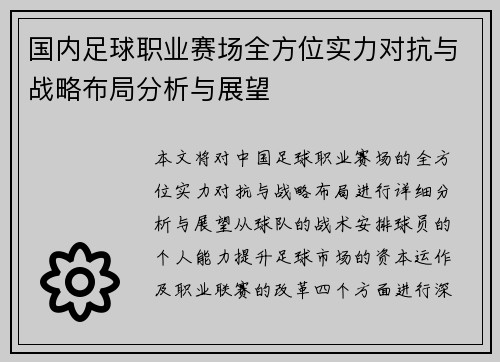 国内足球职业赛场全方位实力对抗与战略布局分析与展望