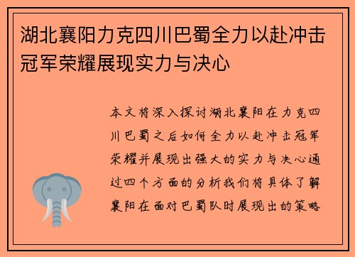 湖北襄阳力克四川巴蜀全力以赴冲击冠军荣耀展现实力与决心