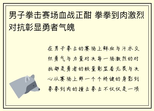 男子拳击赛场血战正酣 拳拳到肉激烈对抗彰显勇者气魄