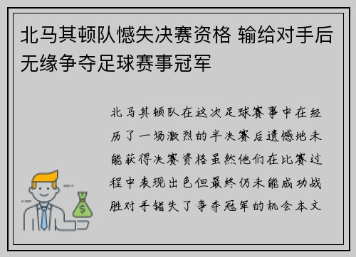 北马其顿队憾失决赛资格 输给对手后无缘争夺足球赛事冠军