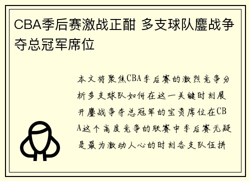 CBA季后赛激战正酣 多支球队鏖战争夺总冠军席位