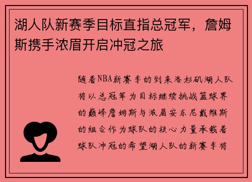 湖人队新赛季目标直指总冠军，詹姆斯携手浓眉开启冲冠之旅
