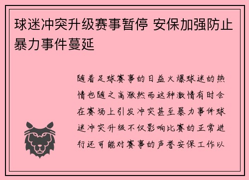 球迷冲突升级赛事暂停 安保加强防止暴力事件蔓延